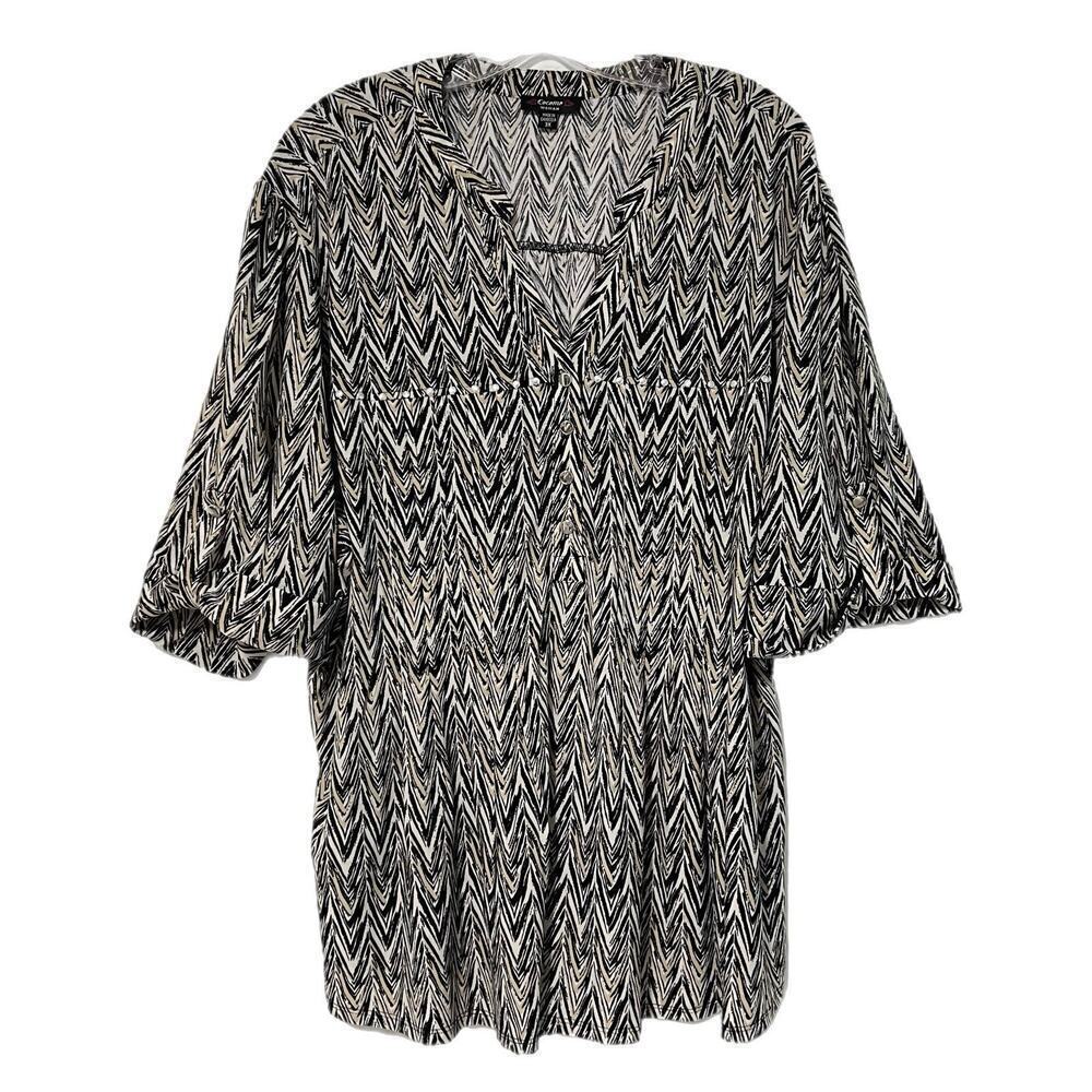 Cocomo Top Womens 3X Pop Over Studded Roll Tab Sleeve Black White Stretch
